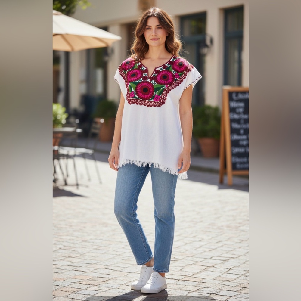 Elegant White Blouse with Pink Floral Embroidery